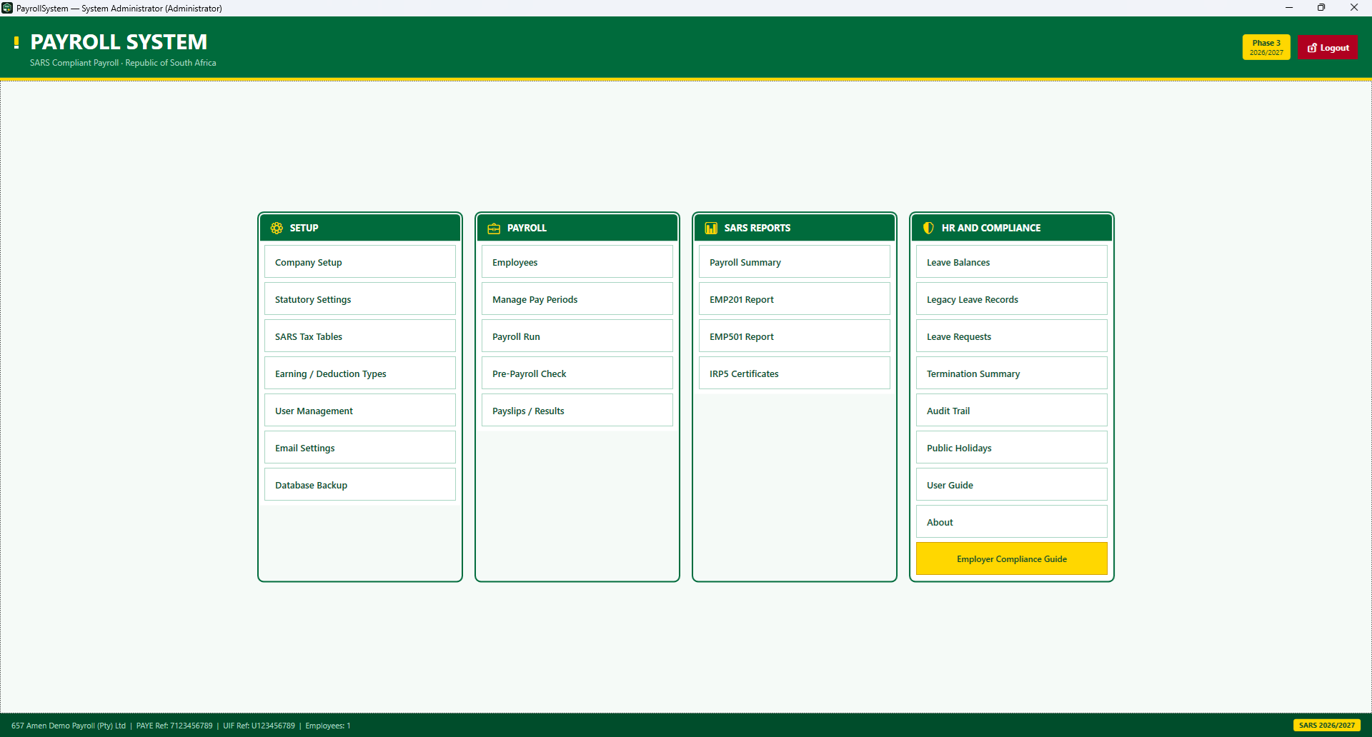 Silica Payroll main dashboard with Setup, Payroll, SARS Reports and HR menus