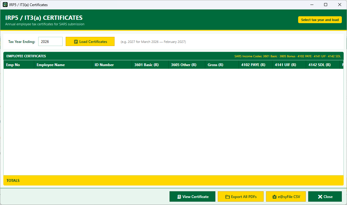 IRP5 annual tax certificates with e@syFile export