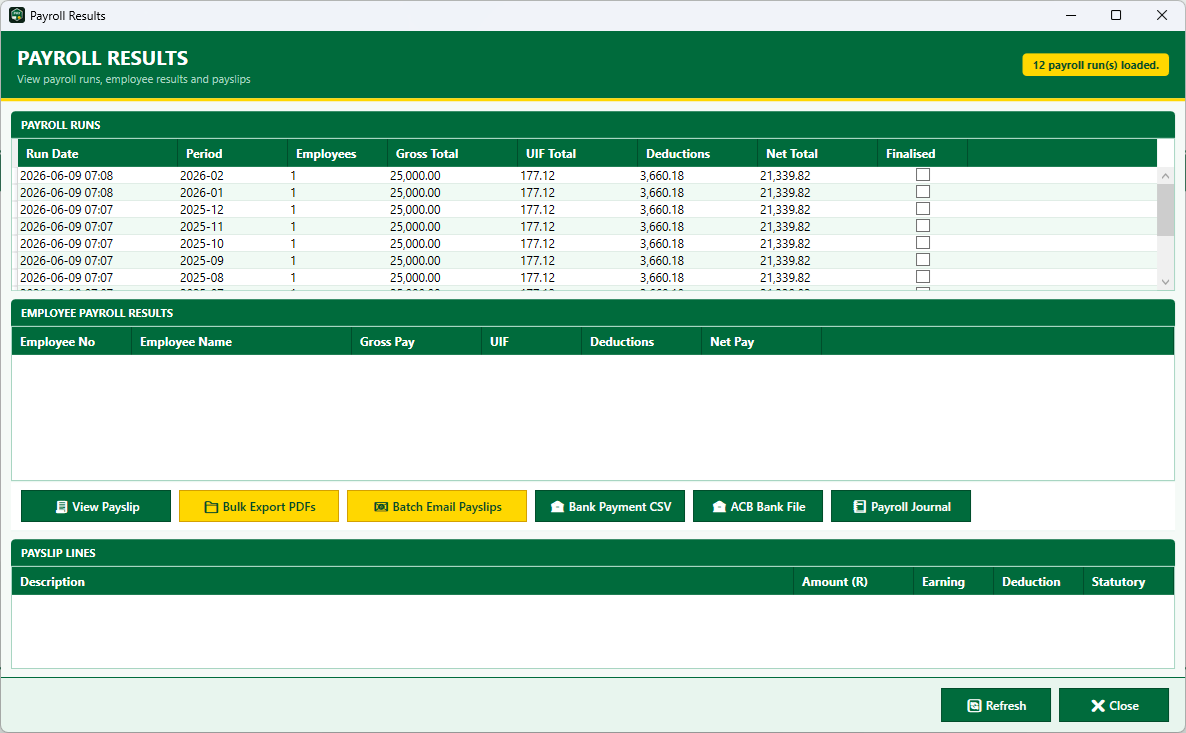 Payroll results with payslip export, batch email and bank payment files