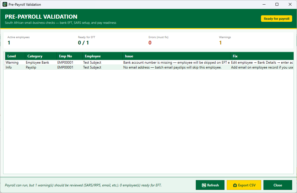 Pre-payroll validation checks for bank EFT and SARS readiness
